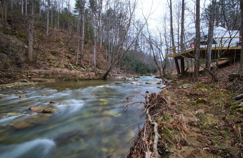 Deep Gap RV Rental | Campsite with Private Tree House Gazebo on a trout creek