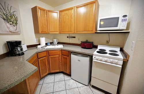 Lake Lure Apartment | Ladybug Suite at Grey Hawk Bar & Gardens Kitchen Pets Welcome!